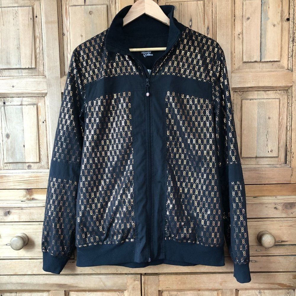 Lululemon Size 6 Limited Edition Gold Foil Logo Zip Jacket RARE Tie Back Shimmer